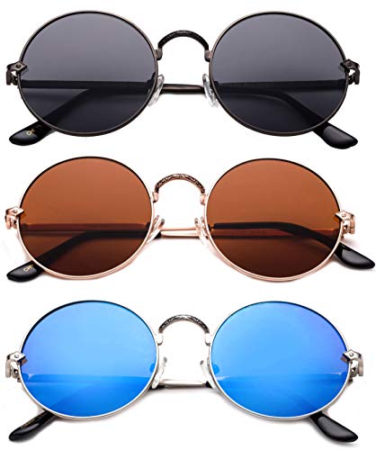 3 Pack Round Metal Frame Circle Rim Vintage Fashion Sunglasses for Women for Men