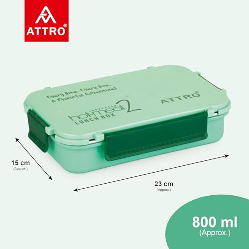Image of ATTRO Hot-Meal 2 Insulated Lunch Box with 2 Compartment, Inner Stainless Steel & Locking Lid BPA-Free Food Grade Ideal for School, Office - 800ml Green