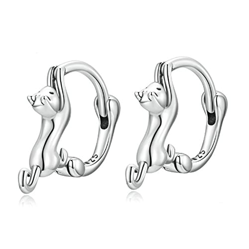 925 Sterling Silver Cat Huggie Hoop Earrings For Women Girl Hypoallergenic Cute Cat Hoop Earrings Animal Cat Earrings For Sensitive Ears Jewelry Gifts (Silver) #TOP22