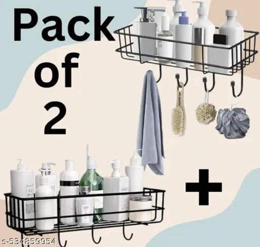 (Pack of 2) Steel Self-Adhesive Multipurpose Bathroom Shelf with Hooks/Towel Holder/Rack/Bathroom Accessories-Wall Mount - Pack of 2 (Black,Powder Coated)|BHR-P1923 1