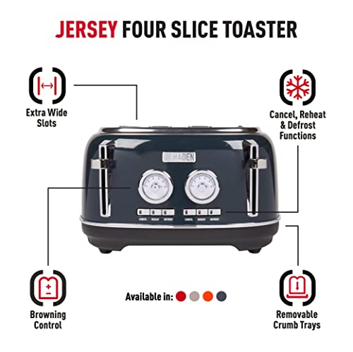 Haden Jersey Steel Blue Toaster 4 Slice – Dual Control With Adjustable Browning Controls - Self Centring Function - Reheat And Defrost Functions – Coated Stainless Steel Housing - 1370-1630w