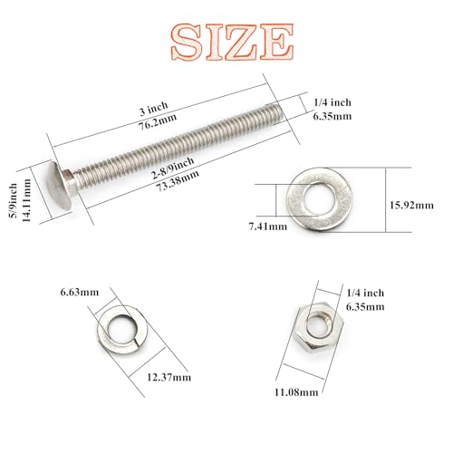 Image of 8 Sets 1 /4 inch-20 x3 Carriage Bolts Round Head Square Neck Screws with Hex Nuts Flat Washers Spring Lock Washers 304 Stainless Steel Full Thread Coverage Square Neck Bolts Assortment Kit