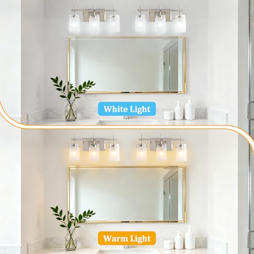 Image of 3-Light Brushed Nickel Vanity Light with White Linen Frosted Glass E26 Socket,Bathroom Light Fixture,Modern Wall Light Over Mirror(Bulbs Not Included)