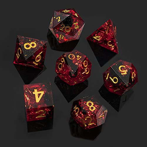 Sharp DND Dice Set, HNCCESG Polyhedral Dice Set, Flame Red 7PCS Resin Dice,Red DND Dice,Dungeons and Dragons Dice, Sharp Edge Dice with Beautiful Inclusions Role Playing Dice