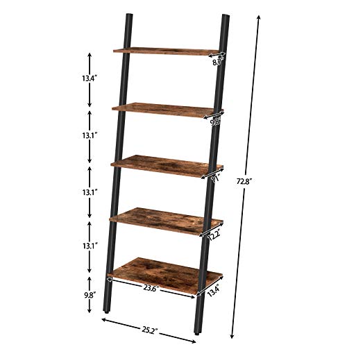 HOOBRO Ladder Shelf, 5-Tier Sloping Bookshelf, Industrial Plant Flower Stand Shelves, Leaning-Against-Wall Storage Rack for Living Room, Kitchen, Office, Metal Frame, Rustic Brown BF70CJ01