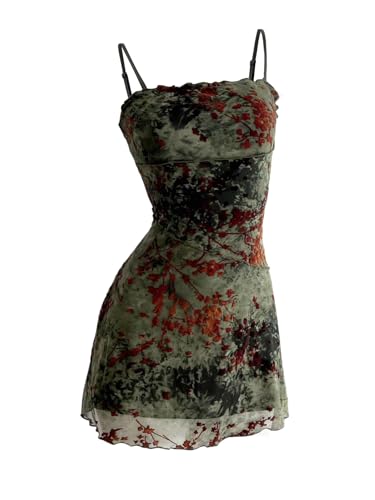 Women's Floral Cami Dress Goth Mini Dress Retro Vintage Mesh Fitted Bodycon Mini Dresses