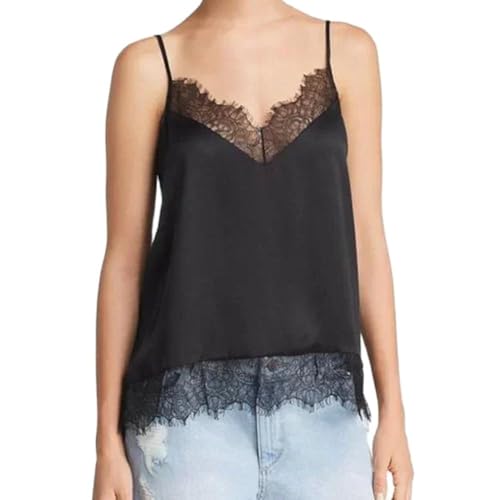 Women Satin Lace Trim Cami Top Spaghetti Strap Slik Asymmetrical Tank Top Y2k Lace V Neck Silky Camisoles(Lace Trim Black,M)