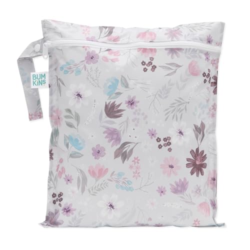 Image of Bumkins Waterproof Wet Bag for Baby, Travel, Swim Suit, Cloth Diapers, Pump Parts, Pool, Beach, Gym Clothes, Toiletry, Hook to Stroller, Daycare, Zipper Reusable Wetdry Packing Pouch, Florals Gray