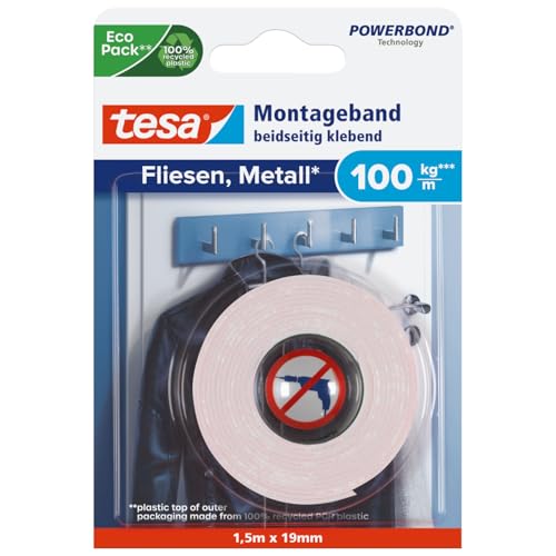 tesa Powerbond cinta de montaje para azulejos y metal Extra fuerte, con hasta 100 kg de fuerza de sujeción por metro - cinta de montaje de doble cara para superficies lisas - 1.5 m x 19 mm
