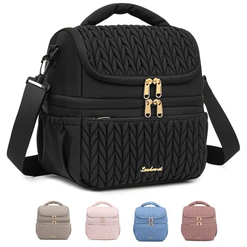 Image of LEADVENST Lunch Bag Women, Double Deck Insulated Lunch Box - Large Capacity 12L with Detachable Divider for Tall Items, Leakproof, Durable & Reusable Cooler Bag For Work Picnic Travel, Quilted Black