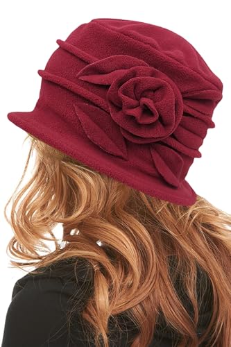 Polar Fleece Fashion Women-Cloche-Hat, 1920s Vintage Womens-Felt-Hat, Floral Winter Fall Spring Church-Hats for Women Elegant Burgundy