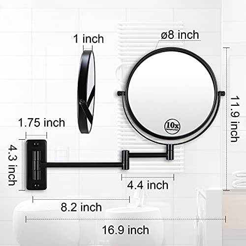 Lansi Wall Mounted Makeup Mirror, 1X/10X Magnifying Mirror 360° Extendable Arm Mirror For Makeup, 8 Inch Double Sided Vanity Mirror For Bathroom, Wall Mirror For Teen Girls, Women, Black #TOP4
