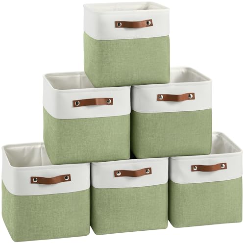 Image of FinishingBo Cube Storage Baskets 6 Pack, 11x11 inch Cube Storage Bins with Leather Handles for Shelf Closet (White/ Green)