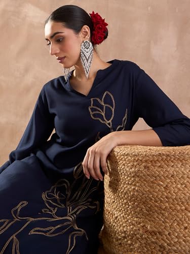 Image of INDO ERA Women's Viscose Rayon Floral Embroidered Straight Calf Length Kurta & Pant Set (IEAI12330)