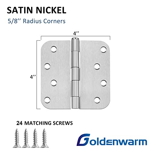 3 Pieces Goldenwarm Satin Nickel Door Hinges 4 X 4 Heavy Duty Hinges With 5/8" Radius Corners - Residential Door Hardware, Brushed Nickel Iron #TOP1