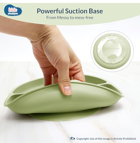 Image of Kids Station 3 Piece BPA-Free Silicone Baby Feeding Set - Baby Plate - Spoon and Bowl - Make Mealtime Fun - Microwave Safe - Unbreakable Eco-Friendly - Organic & Natural (Plate (Set of 3), Green)