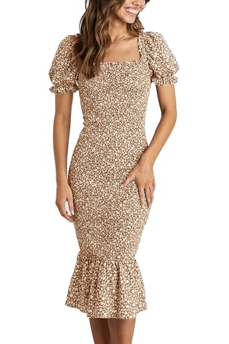 PRETTYGARDEN Bodycon Midi Dresses 2025 Summer Floral Puff Sleeve Mermaid Cocktail Baby Shower Photoshoot Maternity Dress