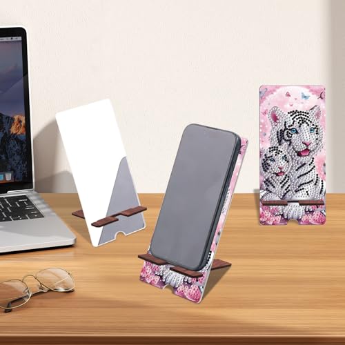 Image of White Tiger Diamond Painting Phone Stand with Mirror, DIY Wooden 2-in-1 Decorative Diamond Art Desktop Holder, Crystal Diamond Gem Painting Craft Kit Gift for Beginners Adults