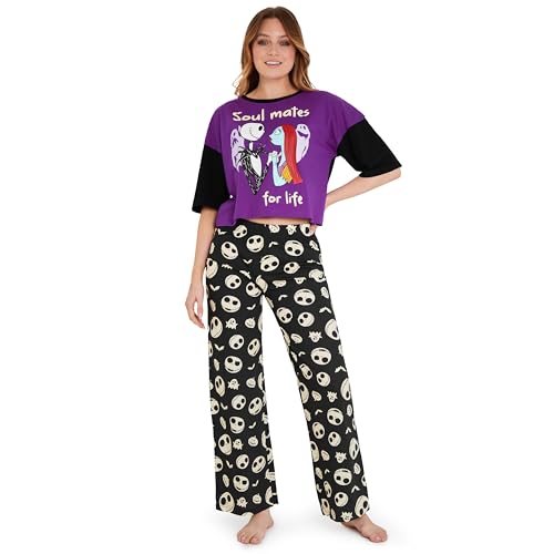 Disney Pijama Largo Mujer, Set de Pijamas Transpirables de Algodón - Regalo Mujer (Morado/Negro, XL)