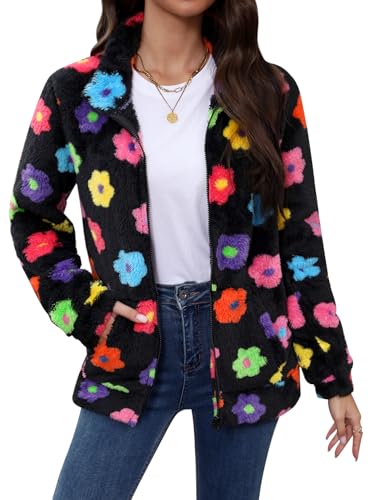 Women Winter Zip Up Fleece Sherpa Sweater Fluffy Lounge Zipper Jacket Floral XL