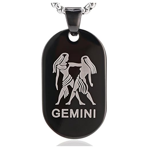 DonDon Collar de acero Inoxidable 52 cm Unisex con Colgante de Zodiaco Géminis Color Negro y Plata en una Bolsa de Terciopelo de Color Negro
