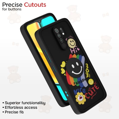 Image of Pikkme Back Cover for Redmi 9 Prime /Poco M2 | Soft Silicone| Cute Rainbow Smile & 3D Cartoon Flower Design | Shockproof Raised Camera Protection Bumper Case (Black)