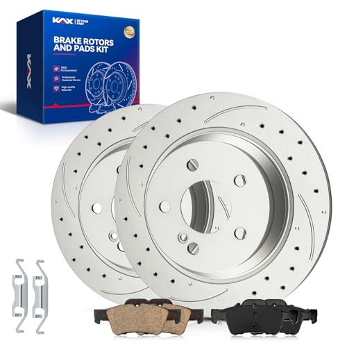 Image of KAX Rear Brake Kit, Drilled and Slotted Brake Rotors, Ceramic Brake Pads | Fits Mercedes-Benz E350, E320, CLS500, CLS550, CLS400, E500, E550, E400