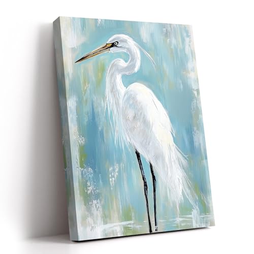 Eziktw White Heron Wall Art Coastal Egret Picture for Living Room Decor Blue Heron Prints Beach Themed Artwork for Walls Sea Bird Canvas Painting Lake House Animal Poster for Bedroom Bathroom 12" × 18"