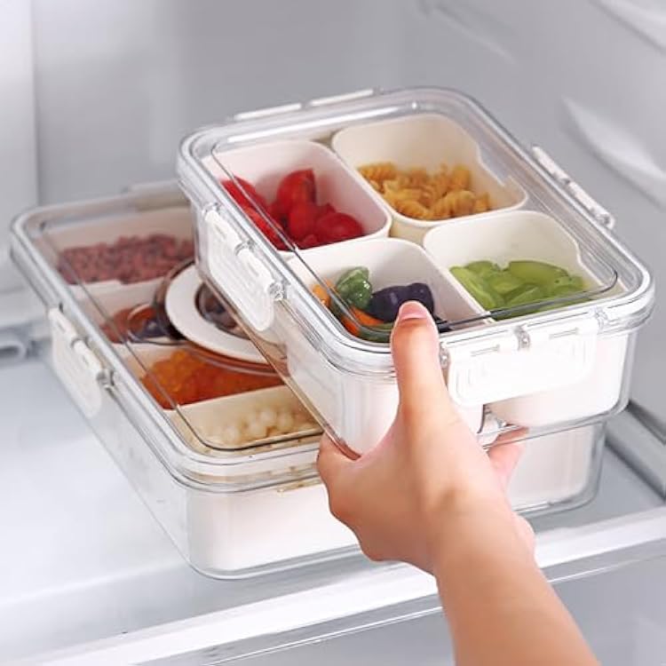 VOUKEN 2PCS Plastic Divided Serving Tray with Lid Snackle Box Charcuterie Container Portable Snack Platters Organizer for Candy, Fruits, Snacks, Nuts, for Party, Entertaining, Picnic (8 Compartment)