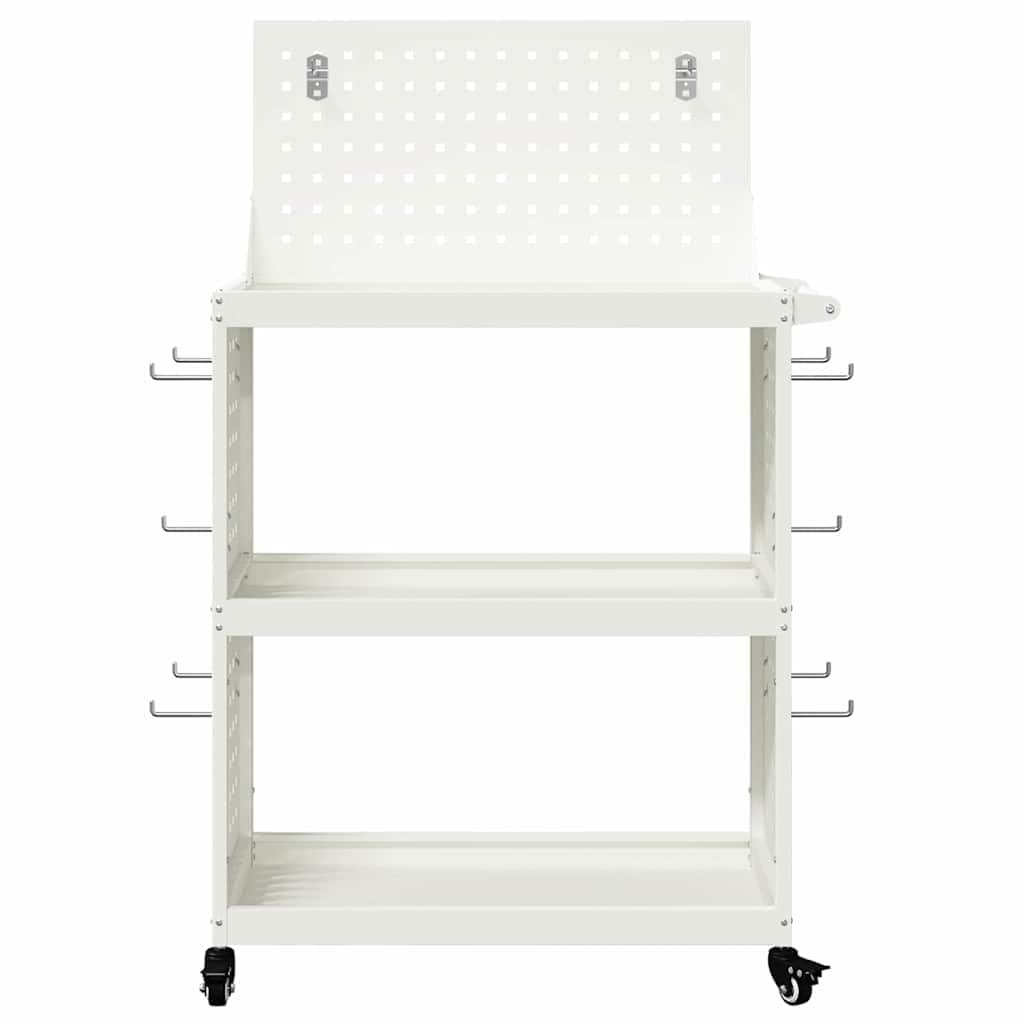 Carrello portautensili bianco in acciaio laminato a freddo, 65 x 35 x 111 cm, con 3 ripiani, 12 ganci e ruote bloccabili, per officina, garage e sala hobby, conservazione e ordine efficienti