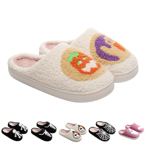 Halloween Slippers for Women Men 2025, Retro Memory Foam Plush Fluffy Warm Ghost Fuzzy Slippers Holiday Slip-on Indoor Outdoor House Plush Warm Anti-Skid Sole Shoes
