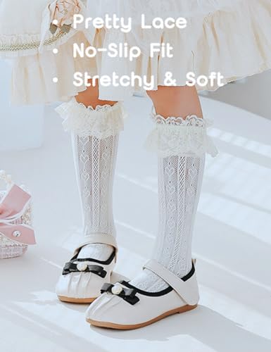 Girls Knee High Socks Love Heart Floral Lace Ruffle Trim Stretchy Soft Breathable Long Stockings3