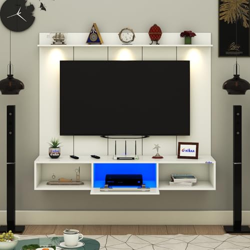 Image of Anikaa Novus PVC Back Panel Wall Mounted TV Unit with Spot & Blue Ambient LED Light - Acrylic Storage Box, Display Shelf & Soft-Close Hinges | Ideal for UP to 50 Inch TV (White - DIY Installation)
