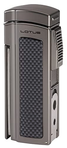 Lotus Dominator Table Cigar Lighter with Quad Wind-Resistant Torch Flames, Fold-Out Cigar Scissors, Two Integrated Punches, Large Flame Adjuster, Extra Large Fuel Tank (Gunmetal & Carbon Fiber)