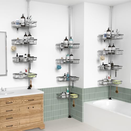 Image of KEGII Corner Shower Caddy Tension Pole with Soap Dish & Razor Holder, Adjustable Bathroom Organizer with Hooks, 25-114.2 Inch Rustproof Storage Shelf for Renters & Apartments, Gunmetal Gray