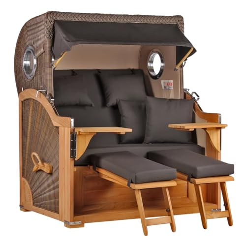 MR. DEKO® Strandkorb Baltikum 2,5-Sitzer Teak | PE Geflecht Grey | Volllieger Strandkörbe aus Teakholz mit 2 Bullaugen & Fußablagen | Polster mit 4 Kissen | Strandstuhl (Dessin 548)