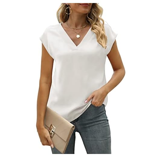 MIROL Blusa feminina de cetim com manga cavada e gola V, lisa, elegante, caimento solto, Branco, G