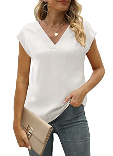 MIROL Women's Cap Sleeve Silk Tops V Neck Satin Blouse Solid Elegant Loose Fit Shirts
