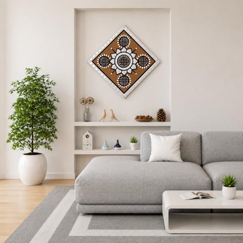 Image of Ethnics of Kutch Traditional Kutch Handicraft Mud-Mirrorwork Lippan Kam Wall Art (Water and Break Resistant) - Square (12 inch x 12 inch) - (White - LKT-0232)