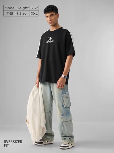 Image of The Souled Store ISRO: to The Moon Men and Boys Short Sleeves Round Neck Black Graphic Printed Cotton Oversized T-Shirts