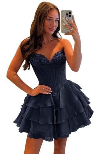 Strapless Short Homecoming Dress for Teens 2025 Chiffon Tiered Corset Sweetheart Satin Appliques Prom Dress WO099