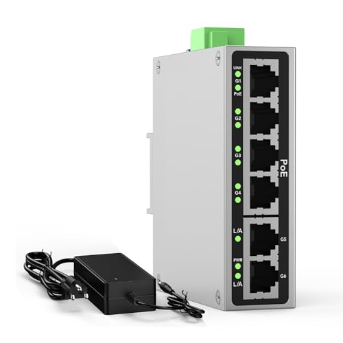 Image of Industrial 4-Port Full Gigabit POE+ Switch with 60W UL Power Supply, 2 Gigabit Uplink Port, 6 Port DIN-Rail POE Switch for IP Cameras, VoIP Phones, Wireless APs