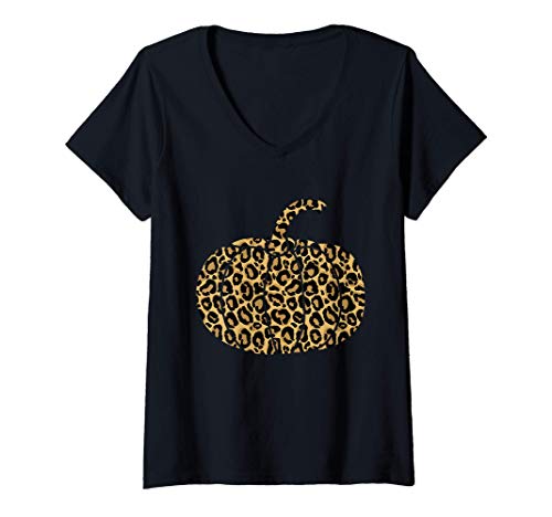 Femme Leopard Cheetah Print Pumpkin Cute Womens Fall Autumn Gift T-Shirt avec Col en V