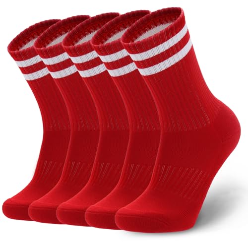 Image of Ultrafun 5 Pairs Striped Crew Socks Cotton Cushioned Athletic Sports Running Socks for Men Women Teens
