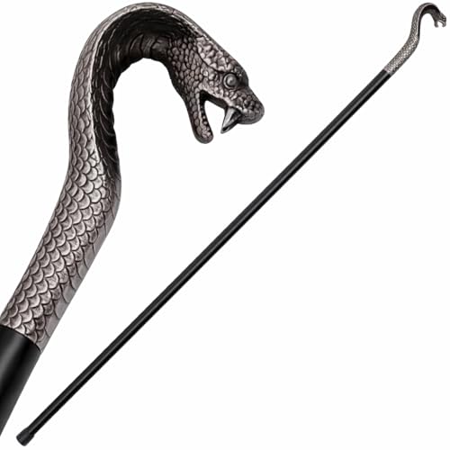 Cobra Snake Head Walking Cane – Heavy Metal Silver Snake Handle with Black Stick – Detachable Walking Stick for Men & Women – Vintage Style Designer Cane for Costume, Fashion & Collectors