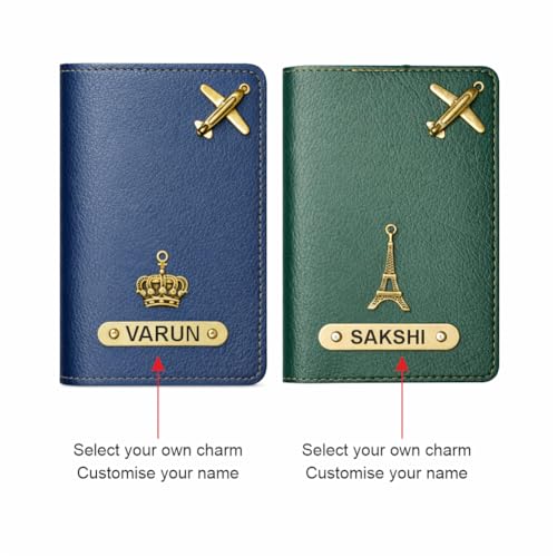 Image of Customized Couple Passport Cover Gift Set 2 Pcs | Personalized Leather Passport Covers with Name & Charm| Anniversary, Valentine, Birthday and Travel Gift (Blue)
