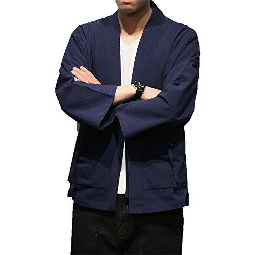 Men\'s Cotton Blends Linen Open Front Cardigan Embroidery Kimono Jackets