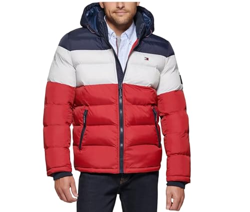 Tommy Hilfiger Men's Classic Hooded Puffer Jacket (Standard and Big & Tall), midnight/white/red, 4X Big