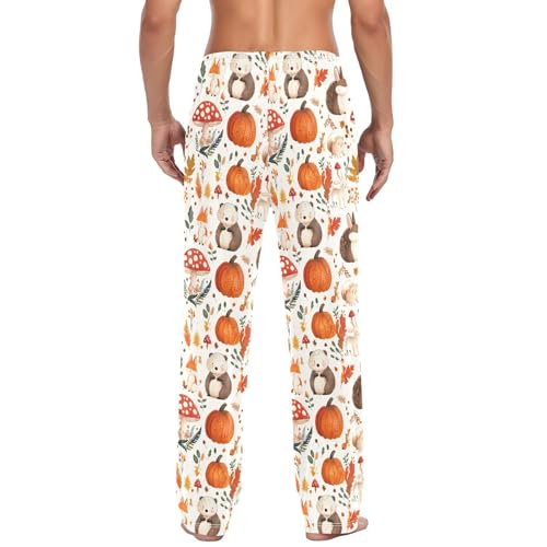 Mens Pajama Pants 100% Cotton, Mushrooms Fox Autumn Pumpkin Men's Flannel Pajama4