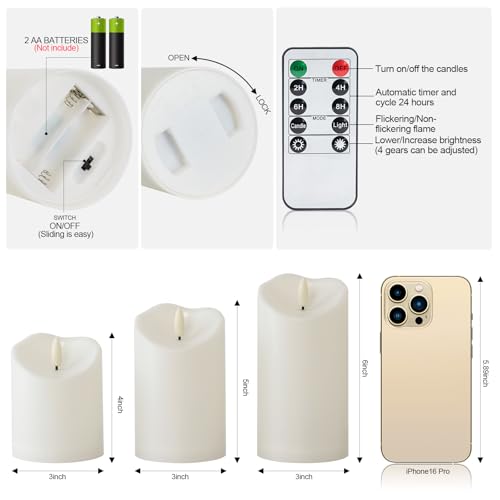 Image of Raycare Outdoor Waterproof Flameless Candles with Remote and Timer, Battery Operated LED Electric Fake Pillar Candle for Christmas Home Wedding Decor, Ivory White, Set of 3